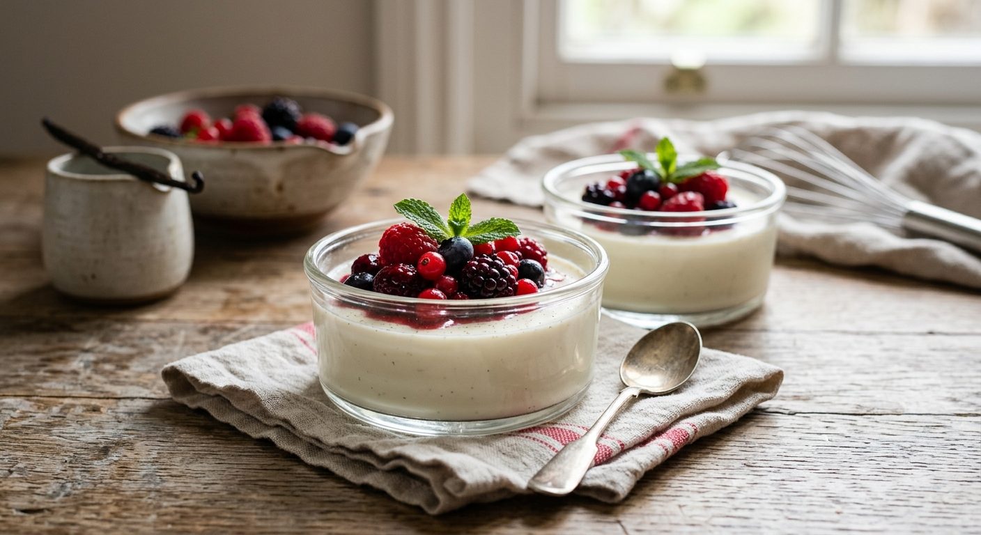 Deux panna cotta en verrines de verre, garnies de fruits rouges et d'une feuille de menthe, sur un linge posé sur une table en bois.